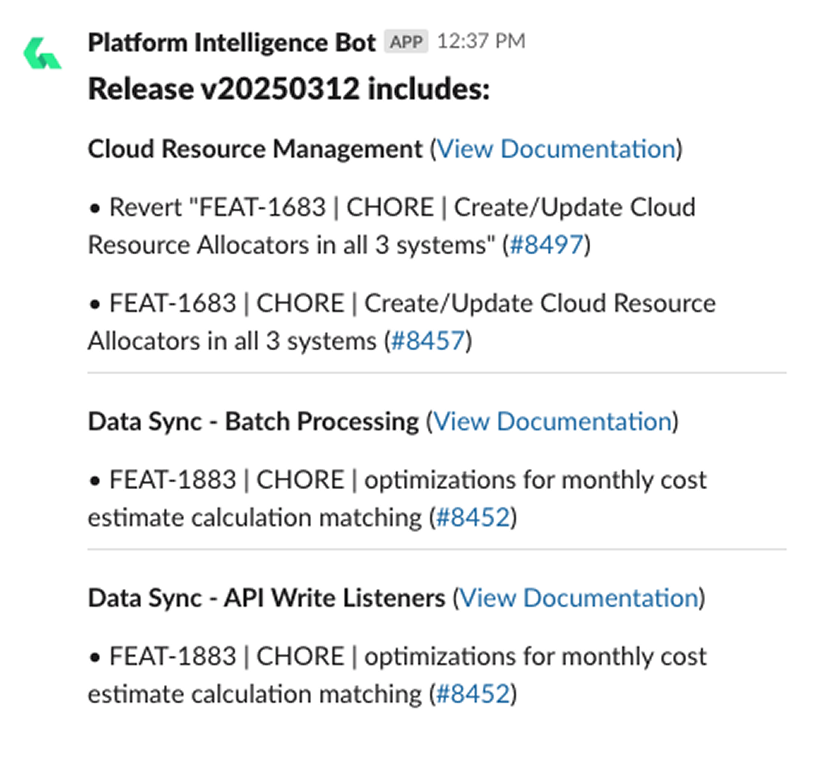A Slack release notification grouping the release's changes by feature, each linking to its documentation